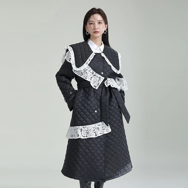 【J.Fashion】 春 ロング丈 中綿コート カーディガン キルティング レース飾り 可愛い レディース アウター メガ割
