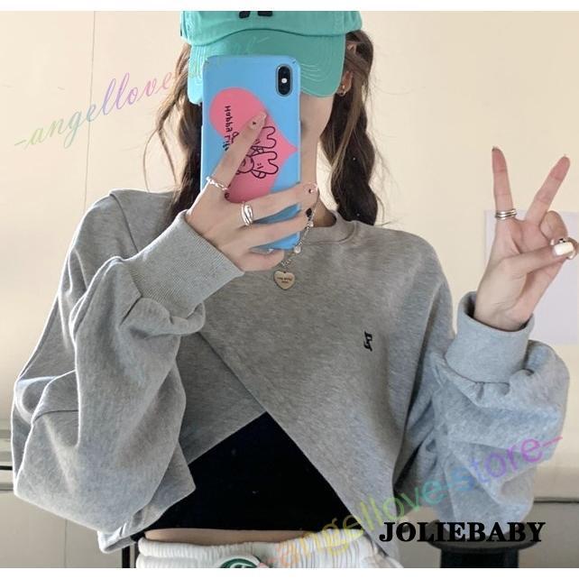 ショート丈ロゴスカットソー長袖トレーナーTシャツ短い短め長袖刺繍グレー黒ブラックへそ見せダンス