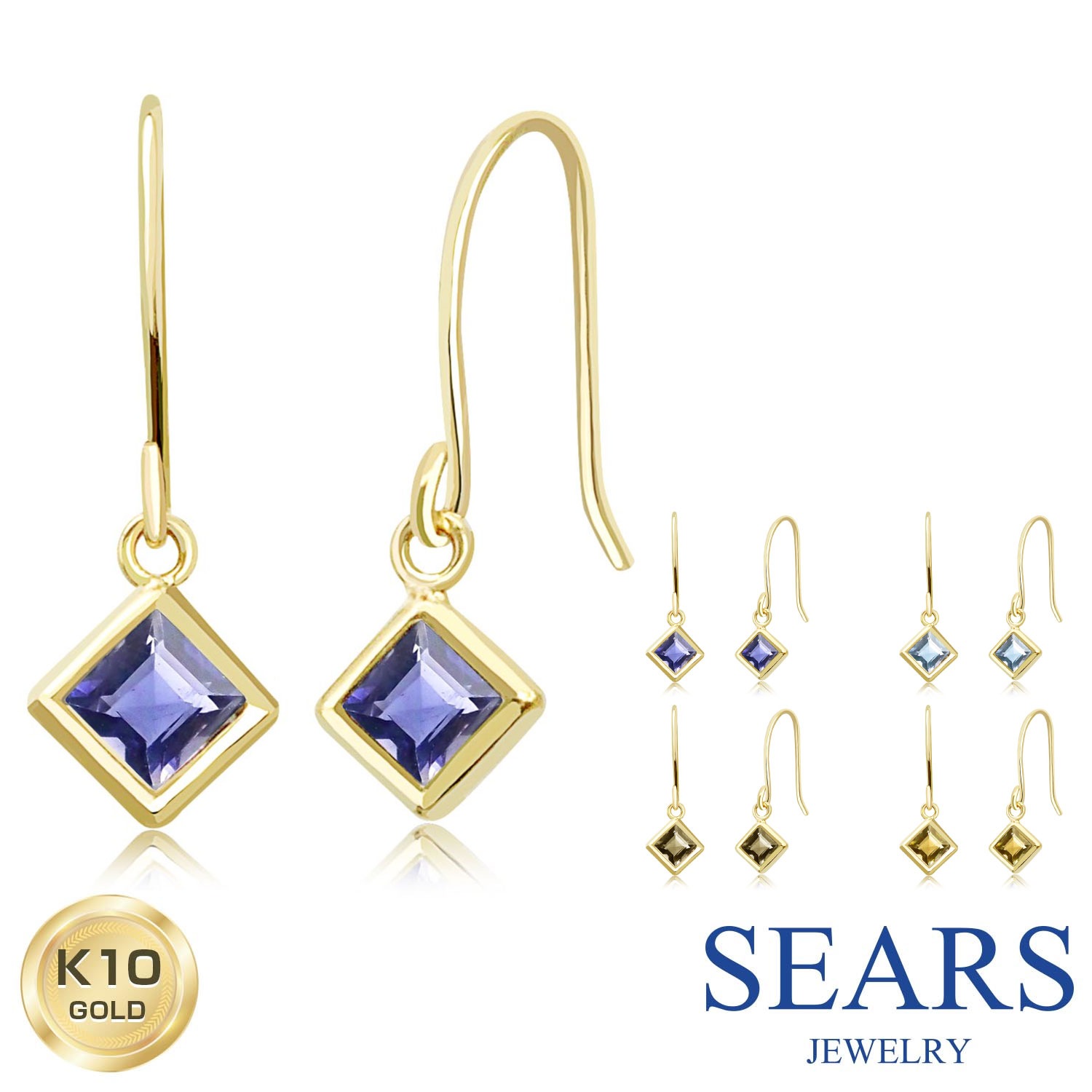 ピアス 10金 レディース 天然石 揺れる フックピアス スクエア K10 誕生日 プレゼント ゴールド ギフト ジュエリー