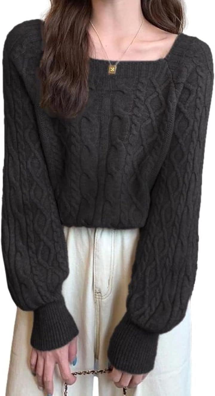 ニット レディース セーター プルオーバー ケーブル編み スクエアネック パフスリーブ ショート丈 カジュアル モード らくちん デート シルエット 体型カバー(ブラック, S)