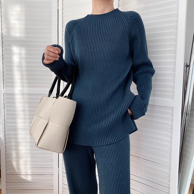 ボトムス ニットソー セーター ワイドパンツ ストレートパンツ ガウチョパンツ ロング ロング丈 袖あり 長袖 ラウンドネック ニット 上下セット 2点セット 大人可愛い きれいめ シンプル