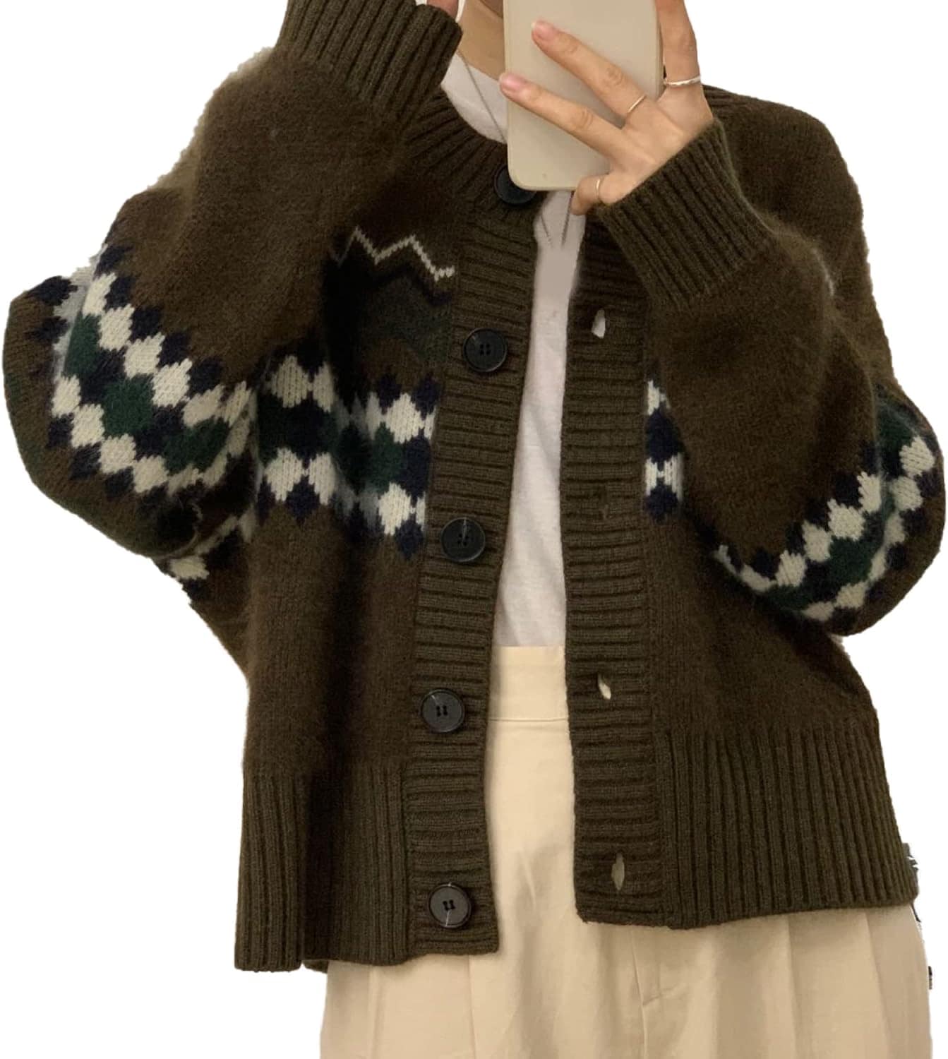 ニット カーディガン レディース レトロ 幾何柄 きれいめ 可愛い セーター アウター レギュラー丈 コート 羽織る 上着 服 お出掛け おしゃれ カジュアル かわいい 厚手 ドロップショル