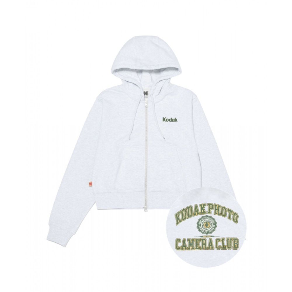 コダックカメラクラブセミクロップフーディージップアップ女性用ホワイトメランジ