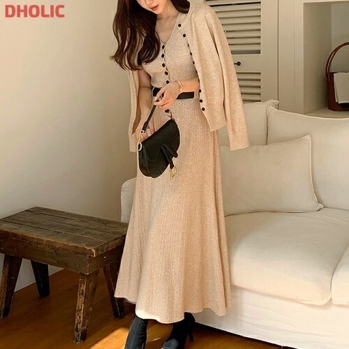 ベルト付ニットボタンラウンドネックプリーツロング長袖ワンピースカーディガン3 SET・1941005