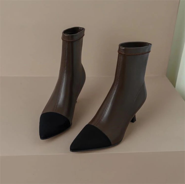 激安セール くるぶし靴 パッチワーク 真皮 秋冬 ショートブーツ ヒール 弾力 痩せた靴 ヴィンテージ ポインテッドトゥ