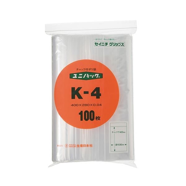 （まとめ） セイニチ ユニパック チャック付ポリエチレン ヨコ280タテ400厚み0.04mm K-4 1パック（100枚） 5セット