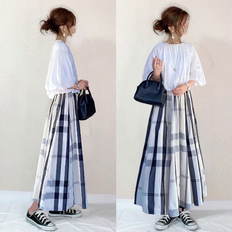 【韓国の人気爆発】 絶対欲しい シンプル パフスリーブ ラウンドネック Ｔシャツ+スカート 大人可愛いAライン 通勤 2点セット