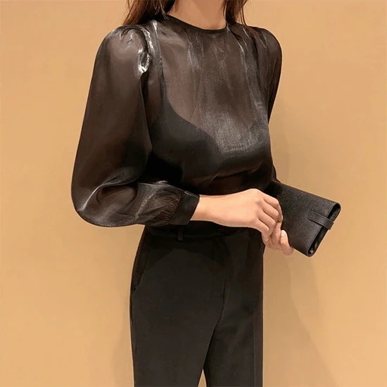 ブラウス シースルー シアー トップス レディース 軽やか シャツ 透け 長袖 上品 薄手 6,283円