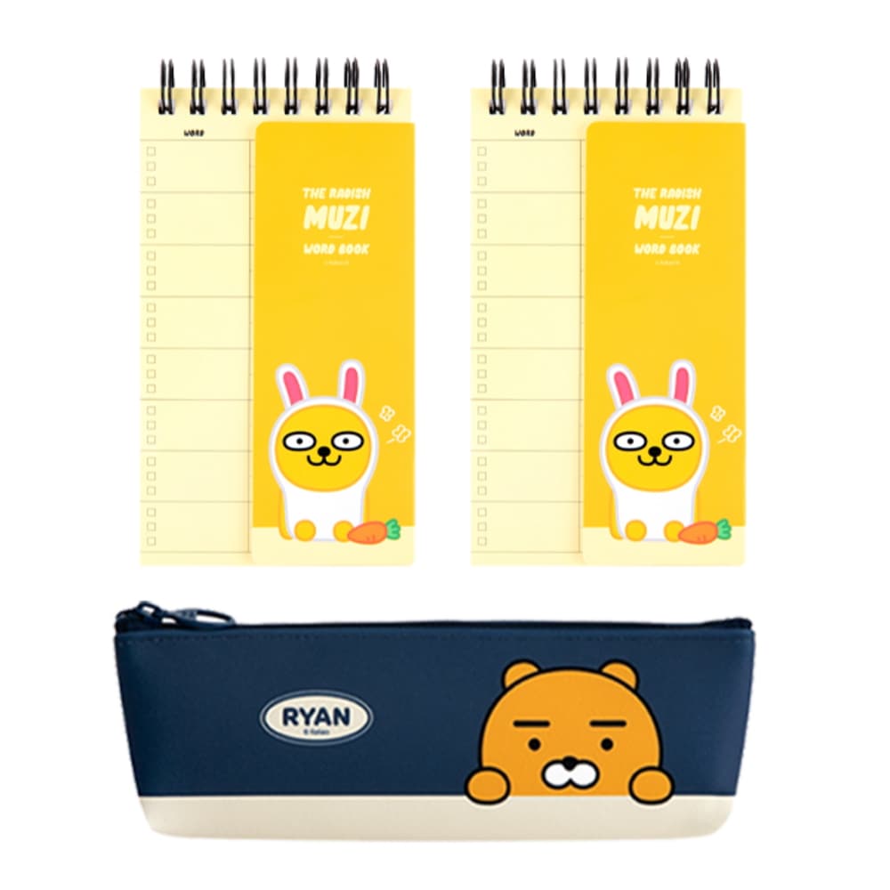 カカオフレンズモダンstミニ三角筆筒+上鉄スプリング単語帳2p文具セットネイビーライアン（筆筒…1セット）