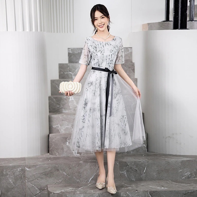 【2点購入で1OO円オフ】[急速出荷]レースパーティセレブグレーメッシュドレス女性 ミディアムレングス小さなドレス イブニングドレスワンピース