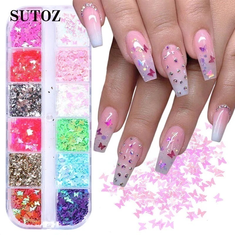 【10点セット】韓国ファッションネイルアクセサリー韓国ネイルシールクロスボーダー12色レーザーマジックバタフライスパンコール超薄ネイルデコレーションスパンコールネイルネイルシール韓国 貼るだけネイルシ