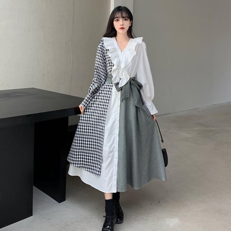 ワンピース シャツワンピース 膝下 袖あり 長袖 Vネック Aライン フリル ウエストリボン 切り替えデザイン ドッキング ハイウエスト 大人可愛い きれいめ 上品 おしゃれ レトロ こなれ感