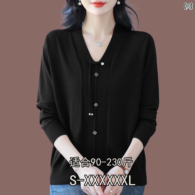 Vネック　シャツ　レディース 太めの mm のの 桑 絹の Tシャツ レディース 春の 長袖の 無地の 大きいサイズ Vネックの 氷の ニット セーターの トップス