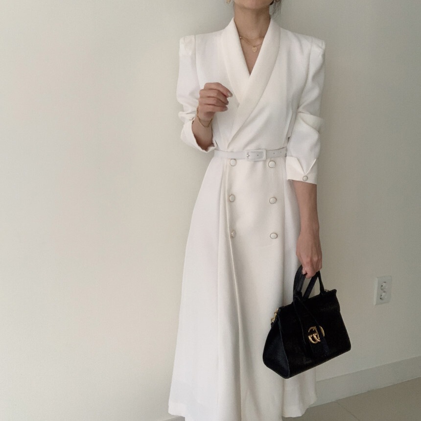 トレンチ風ワンピース ロング ダブルブレスト 長袖 ヘップバーンスタイル ドレス フレンチホワイト