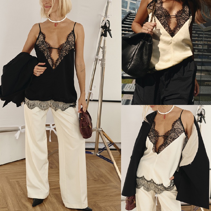 Ins Cross-Border Export Independent Station European and American New Sexy Lace Stitching Deep V-Nec