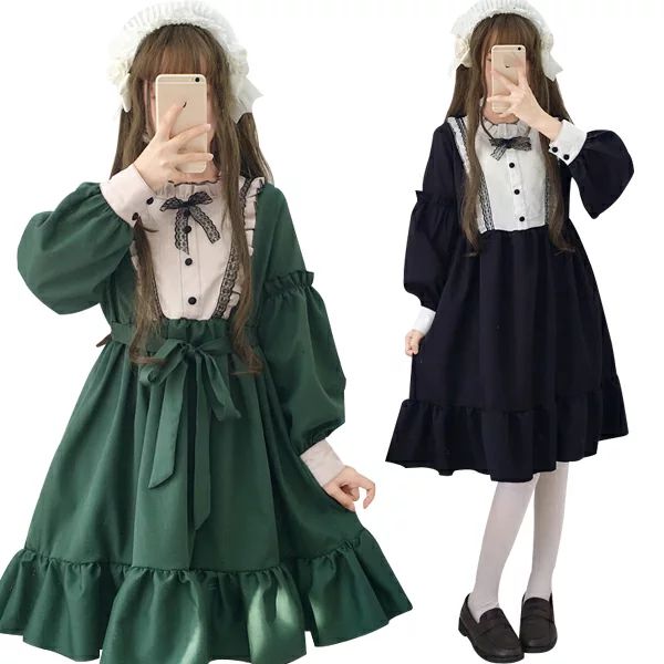セレンディピティワンピースレディーズ ロリータ ワンピース フリル Lolita 切り替えワンピース お嬢様 フレアワンピース 膝丈 丸襟 長袖 森ガール 洋服 ゆったり きれいめ 少女 ロング原宿系