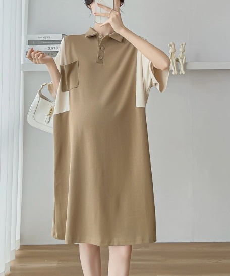 レディース ワンピース シャツワンピ 膝丈 半袖 5分袖 ボリューム袖 フレアスリーブ 襟付き 角襟 ワイド フレア 切り替え ポケット かわいい 大人可愛い シンプル カジュアル おしゃれ ラフ