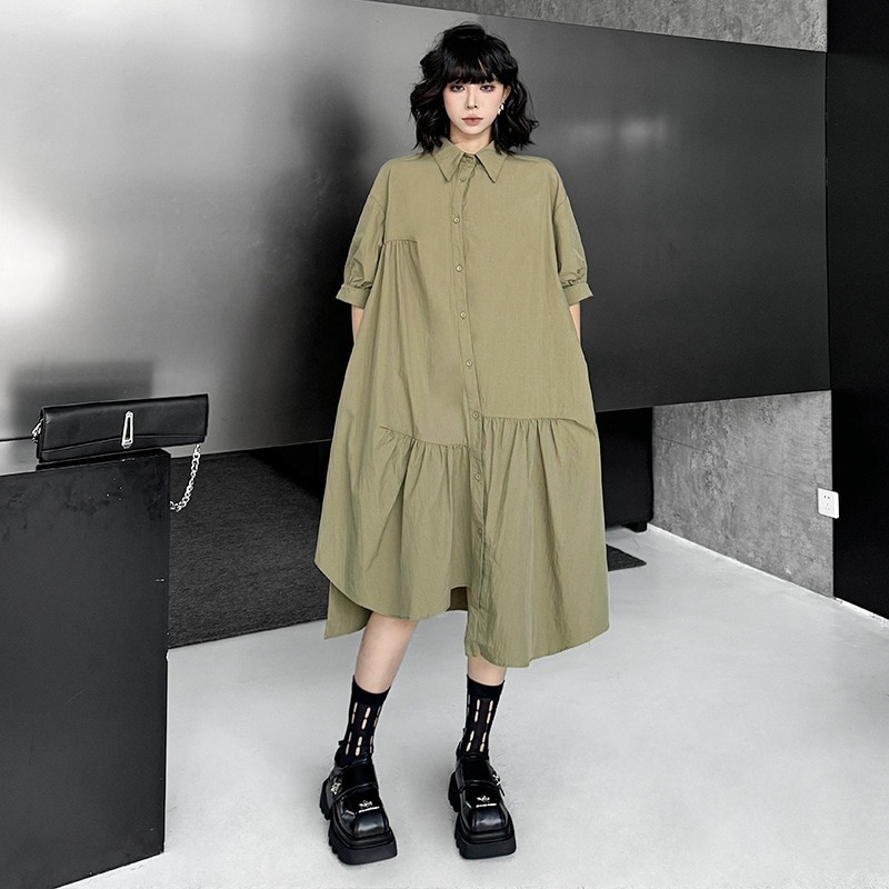 【J.Fashion】2025夏新作 日系ワンピース レディース イレギュラーデザイン ロングワンピース おしゃれ ゆったり 体型カバー大きいサイズ シャツワンピース 半袖 メガ割