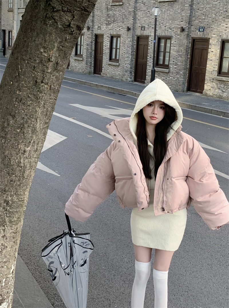中綿ジャケット ショート丈 ダウンジャケット ハイネック オーバーサイズ ゆったり シンプル 韓国ファッション レディース 大人可愛い ガーリー カジュアル ストリート系 スタイルアップ C342