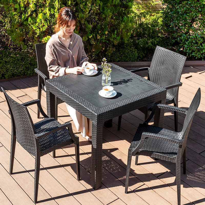 ガーデンテーブル チェア セット おしゃれ ラタン調 ガーデンセット 椅子 いす ガーデン テーブル 5点セット 雨ざらし カフェ風 ホテル 庭 エクステリア W80 肘つき D