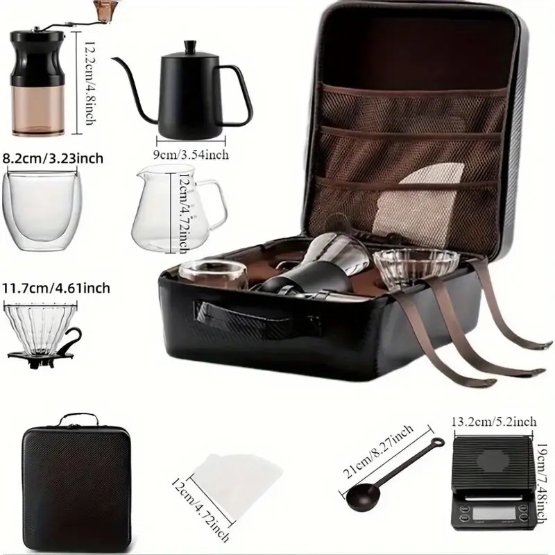アウトドアアドベンチャー用：携帯用キャンプコーヒーメーカーキットガラス製ポアオーバー＆ステンレス製手動グラインダー付き - キャリーバッグ付き