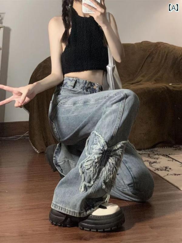 デニムパンツ レディース ジーンズ おしゃれ カジュアル 大きめサイズ 春秋 ハイウエスト ストレート 蝶 刺繍 ウォッシュド ワイドパンツ 韓国 ブルー