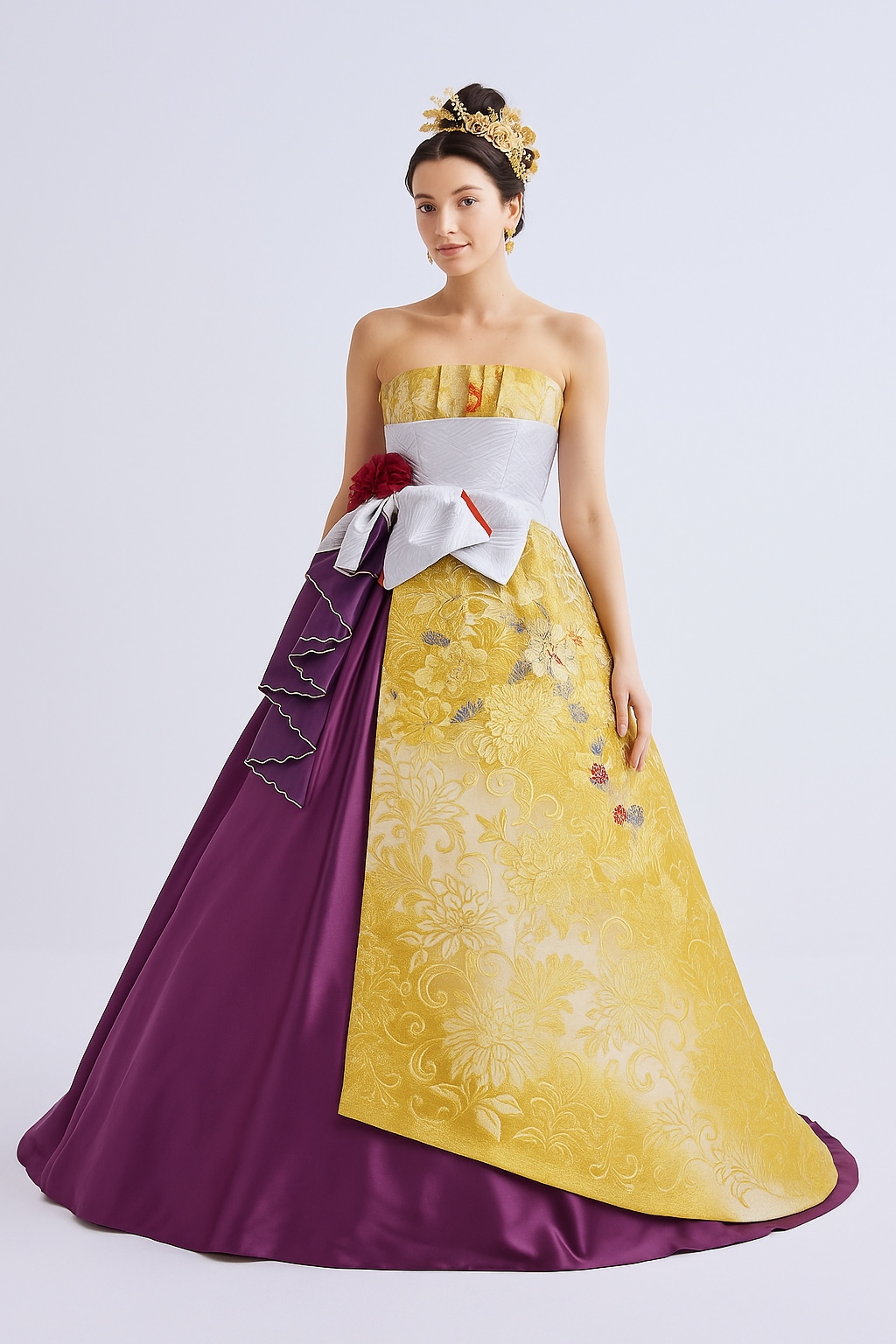 ウエディング着物ドレス 和風ドレス パープル イエロー ベアトップ Aライン 花モチーフ 演奏会/音楽会