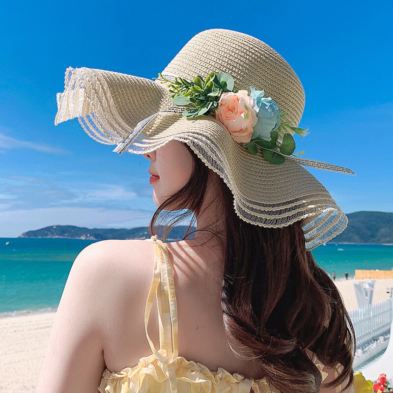 【1つ買うと1つ無料】キャップ帽子女性のの屋外旅行ビーチ大きなつばの花麦わら帽子オールマッチ日焼け止め日よけ帽ファッショ