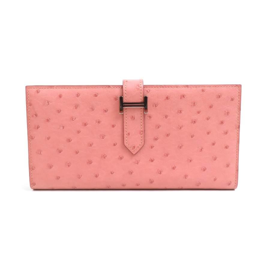 エルメス HERMES 二つ折り長財布 ベアンスフレ オーストリッチ テリキュート シルバー ユニセックス 99921f