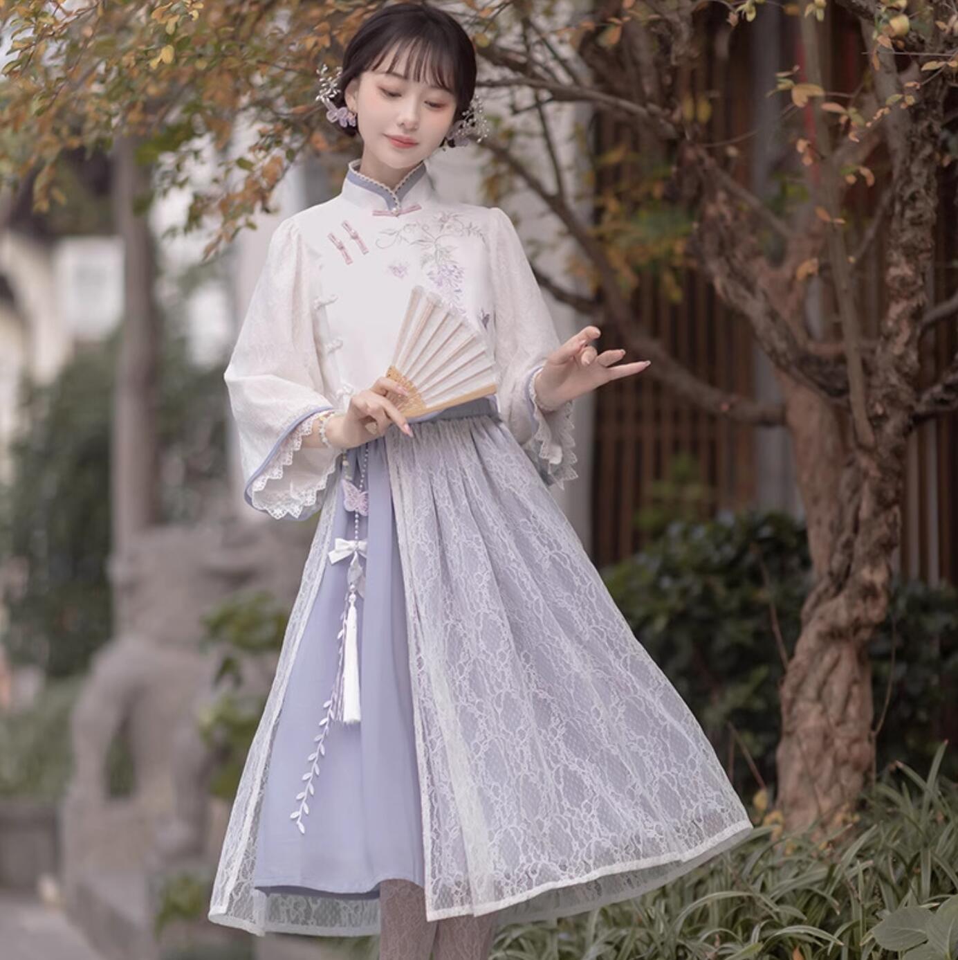 中華衣装 改良中華ドレス 七分袖チャイナ服＋ミドル丈スカート 2点セット 可愛い チャイナドレス レース 花柄 優しい紫 レディース 大人 中華ファッション 中華民国時代 お嬢様 お姫様 中華服 コス