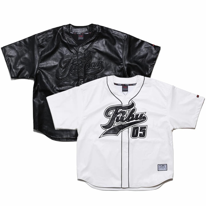 FUBU ベースボールシャツ 半袖 レザー 野球 ゲームシャツ ボタン メンズ 春夏用 黒 白 大きいサイズ フブ トップス 半袖シャツ シンプル 刺繍 ワッペン