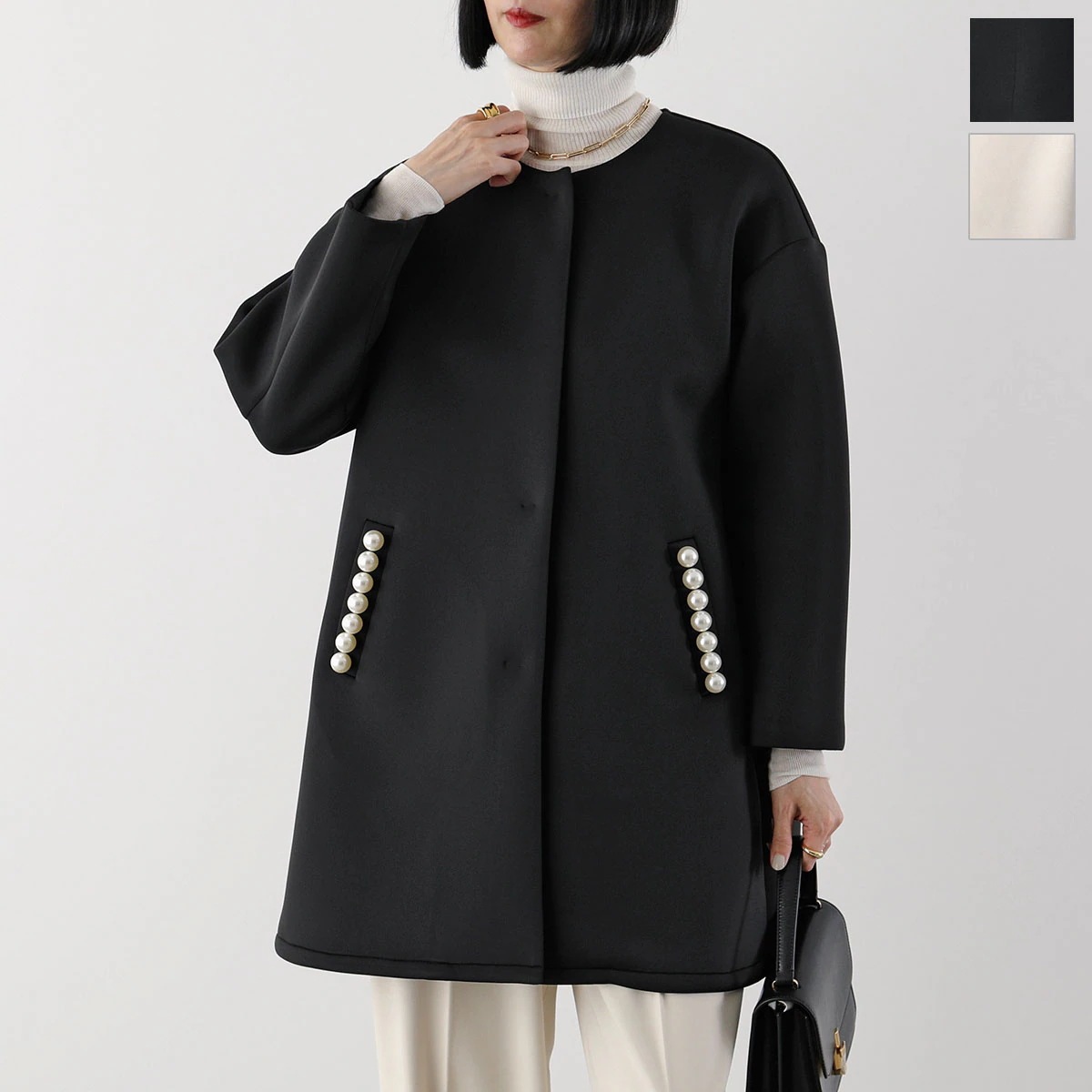 anana アナナ ノーカラーコート a79-031 レディース パール付スポンジコート Aライン ミディ丈 カラー2色 【ts】