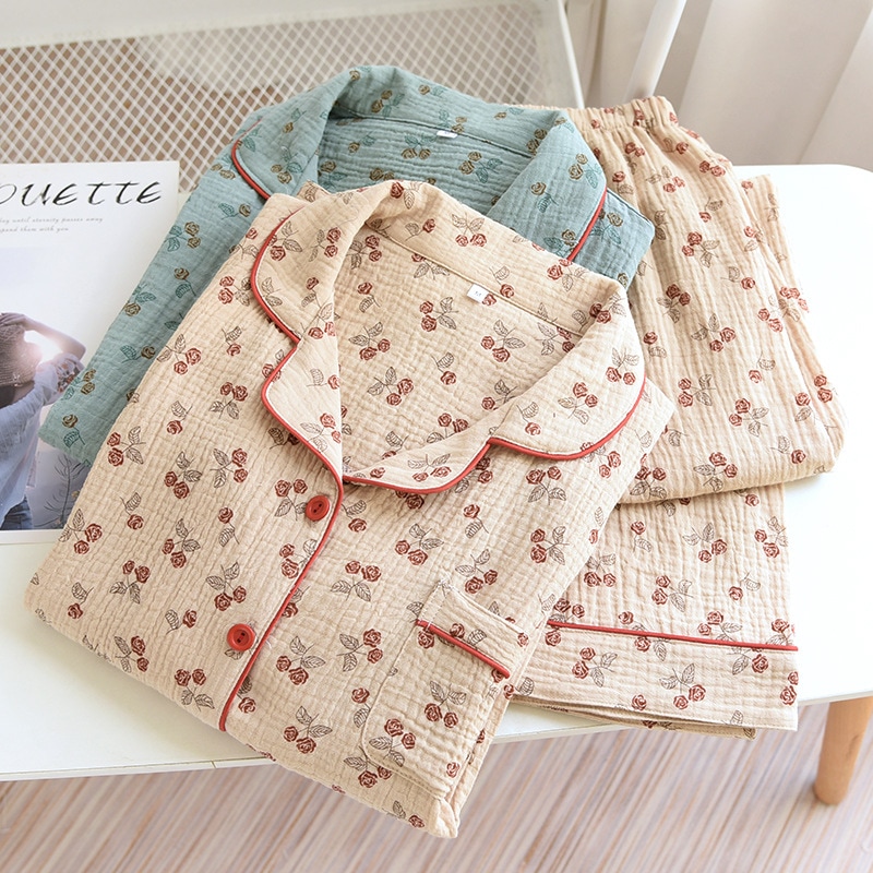 大きいサイズ パジャマ レディース 上下セット 長袖 ルームウェア 前開き 冬 秋冬 暖かい コットン 前開き マタニティ パジャマ 春夏レトロなバラのクレープのパジャマの長いセットのバラの精練綿の女