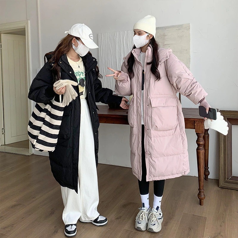 韓国版大ポケットダウン綿服女性の中長タイプの膝を越えてとしたファッションフード付き綿入れコート 4,805円