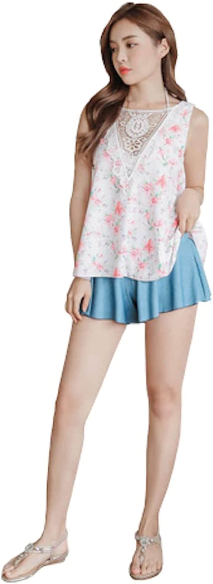 体型カバー カバーアップ 水着 4点セット タンキニ(白赤花ブルーグレー, S)