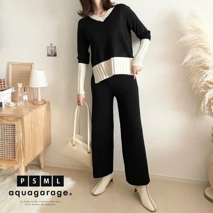 ニットセットアップ パンツ ニットパンツセットアップ トップス ボトムス レディース セットアップ秋冬 ニットセットアップ 秋冬 ニット 黒 上下セット 長袖 M L 冬 vネック ロングパンツ ワイ 4,767円