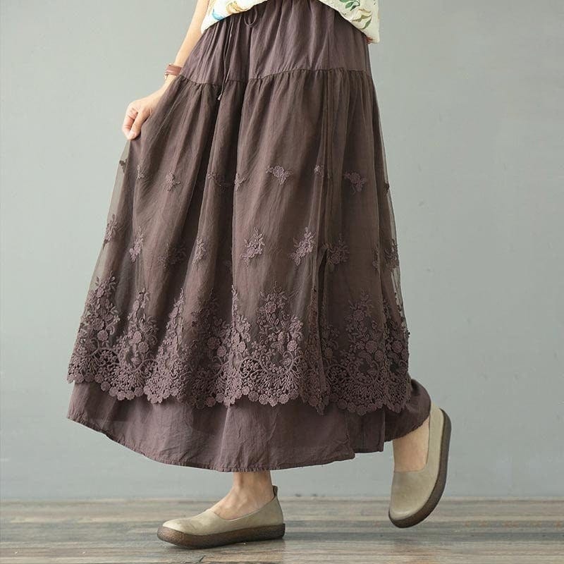 【3日間送信】スカート レディース ロングスカート ウエストゴム メッシュ刺繍柄 チュールスカート ギャザー 切