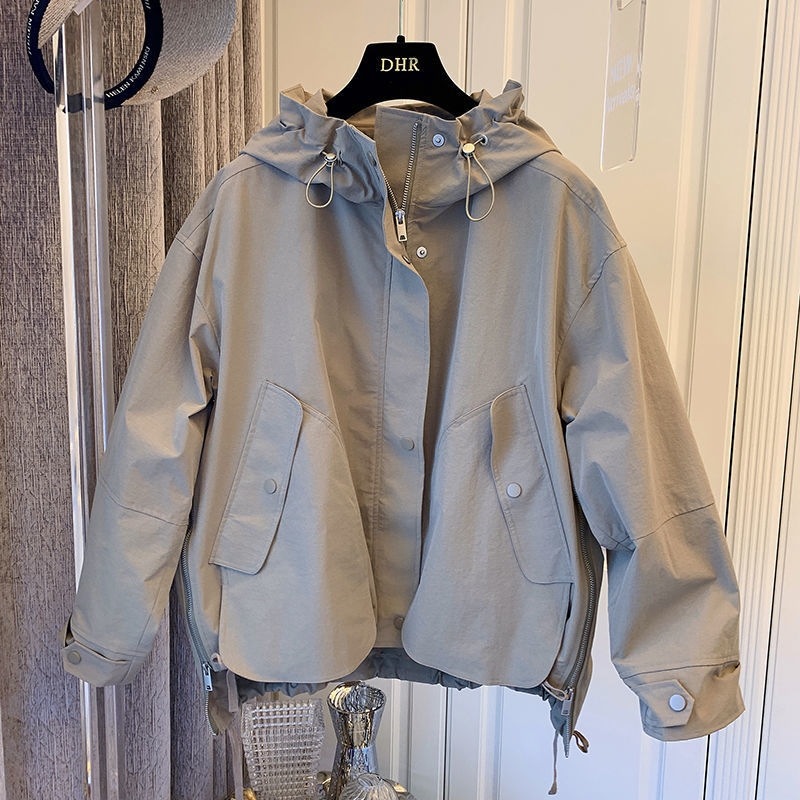 ウインドブレーカー ショートコート デザイン カジュアル ポケット ジッパー フード付き 韓国 レディース オルチャン アウター 袖あり 長袖 カジュアル ラフ メンズライク スポーティー