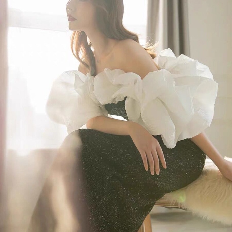 ロングドレス パーティードレス マーメイド オフショルダー フリル 個性的 主役級 バックコンシャス きれいめ 韓国 レディース オルチャン 大人可愛い きちんと シンプル パフスリーブ