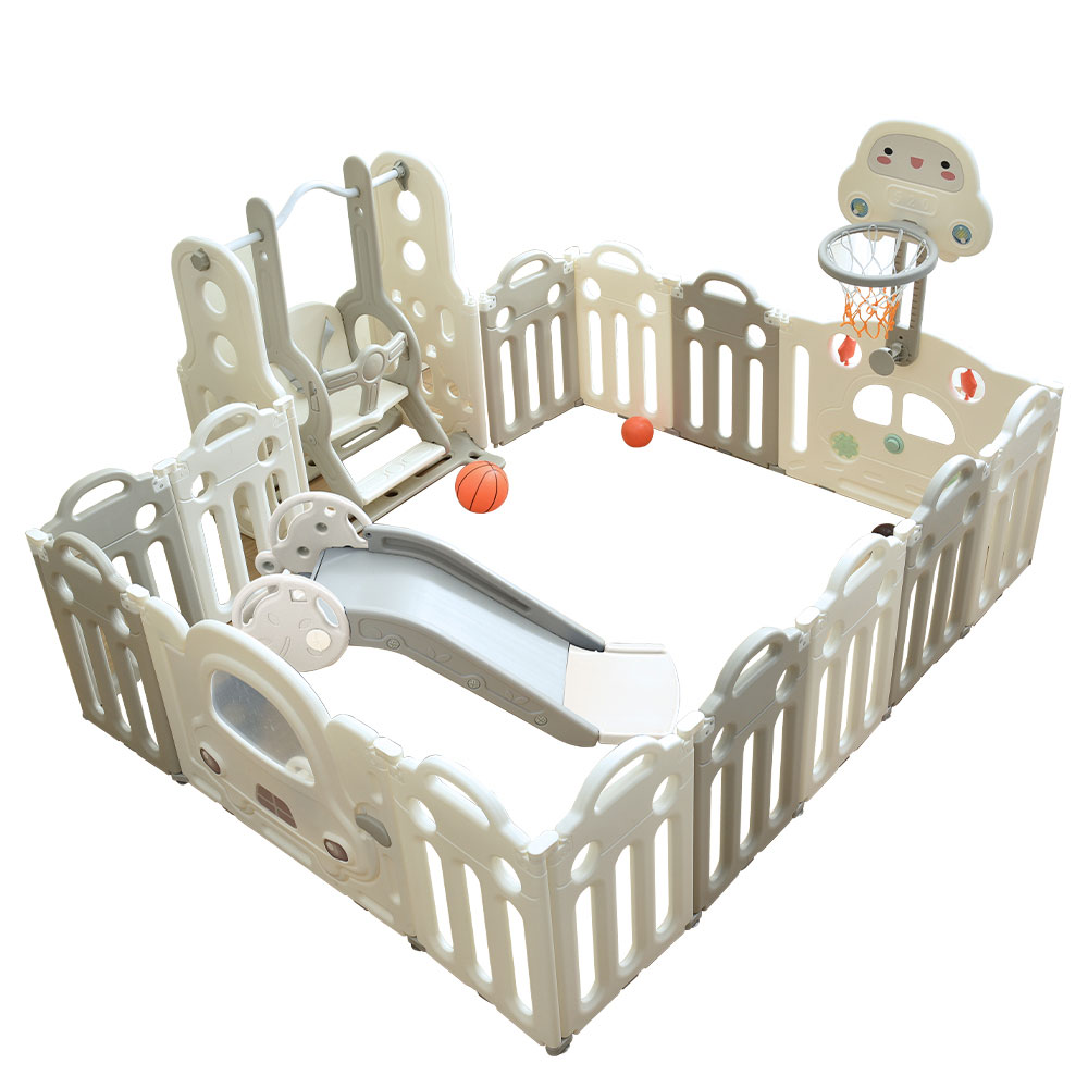 ベビーサークル 滑り台 ブランコ折りたたみ 14枚セット 163*206cm 変形可能 扉付き すべり台 バスケットゴール付き おもちゃパネル ベビーゲート ベビーフェンス プレイヤード 簡単組立 柵