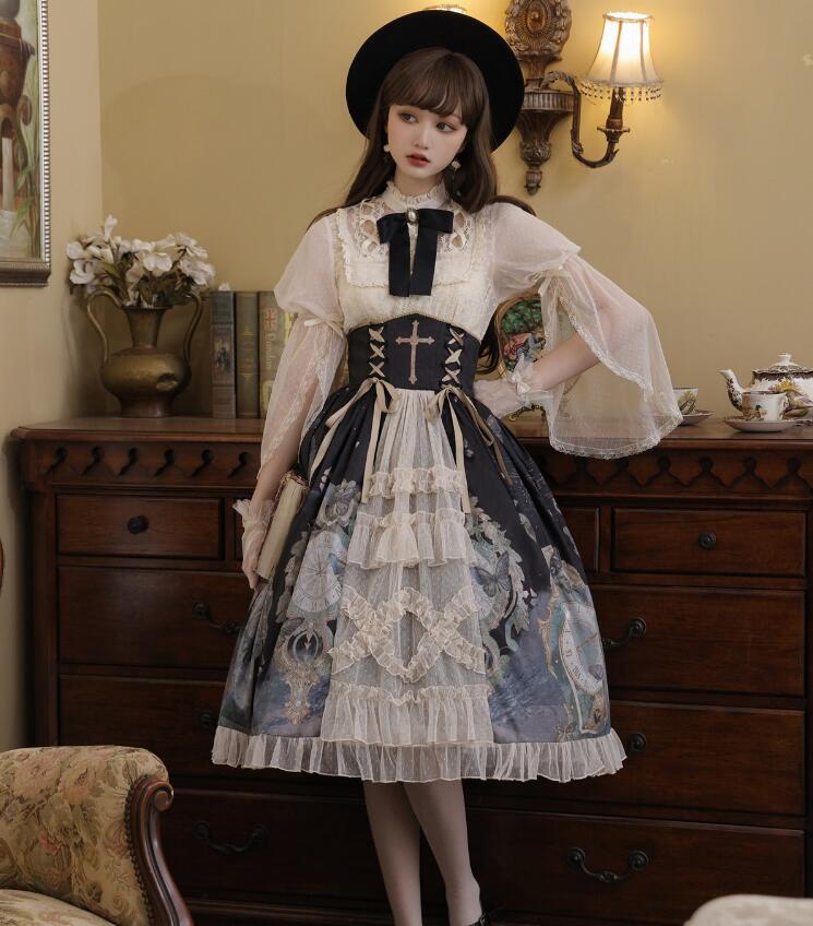 ゴシック ロリータワンピース 3点セット ブラウス＋インナー＋スカート 蝶柄 ロリータ服 フレア袖ロリータブラウス ハロウィン コスプレ 発表会 学園祭 文化祭 lolita dress