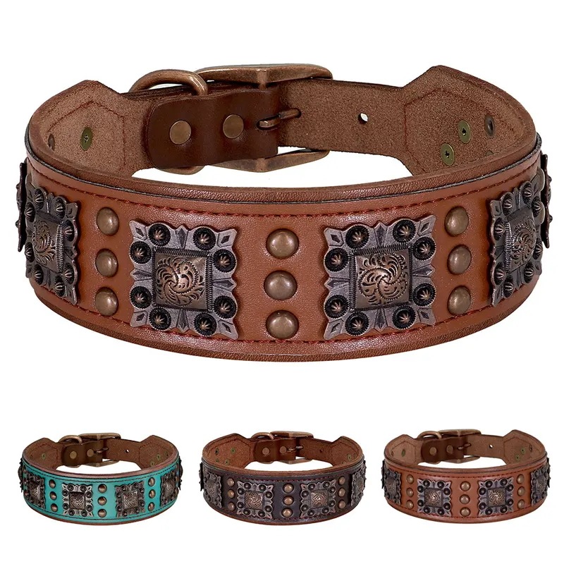 本革の犬の首輪,フレッシュスパイク,耐久性のある金属製のリベット,ピットブル,ジャーマンシェパード用,2インチ