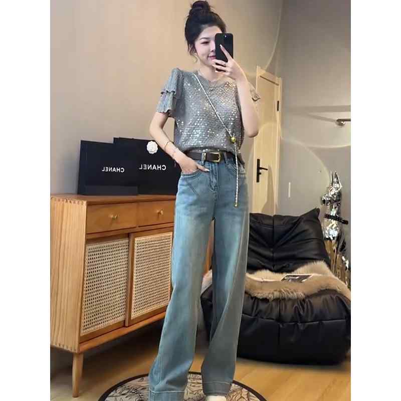 レディース ファッション カジュアル おしゃれ ハイウエスト スリム ジーンズ ナロー ワイドレッグ パンツ ストレート レッグ パンツ