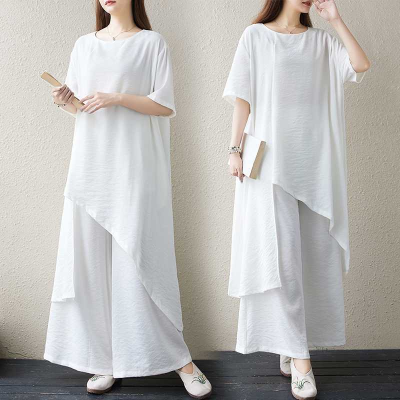 「ファットガール」 2024夏今週の割引は 25% オフです新品 上下セット 綿麻 ブラウス+ワイドパンツ リネン 大きいサイズ 体型カバー レディース ホワイト セットアップ ヨガウエア ピラティス