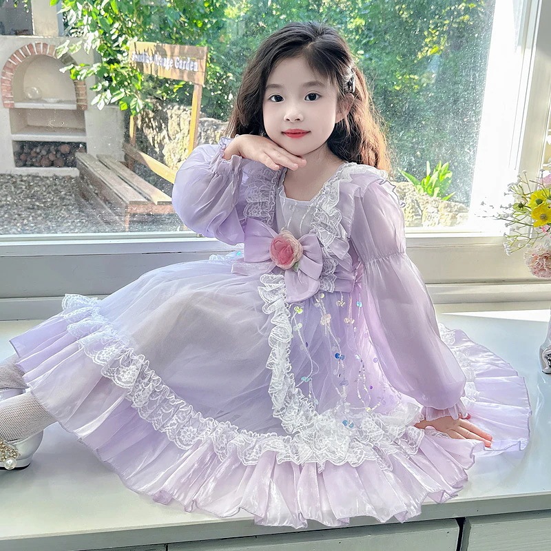 ガールズスウィートロリータスパンコールプリンセスドレス長袖子供服ドレスの花誕生日ドレスドレス