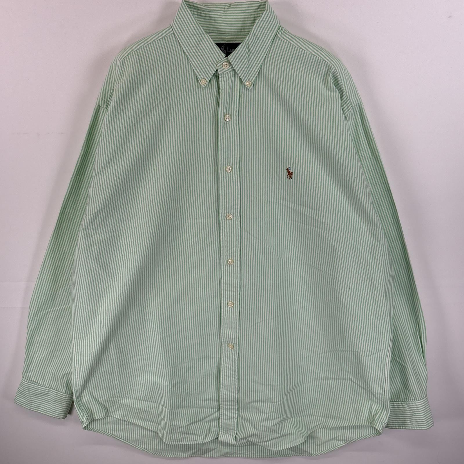 古着 90s/90年代 長袖シャツ ボタンダウンシャツ ワンポイント ロゴ 刺繍 オックスフォードシャツ L グリーン系 ストライプ メンズ 5,225円