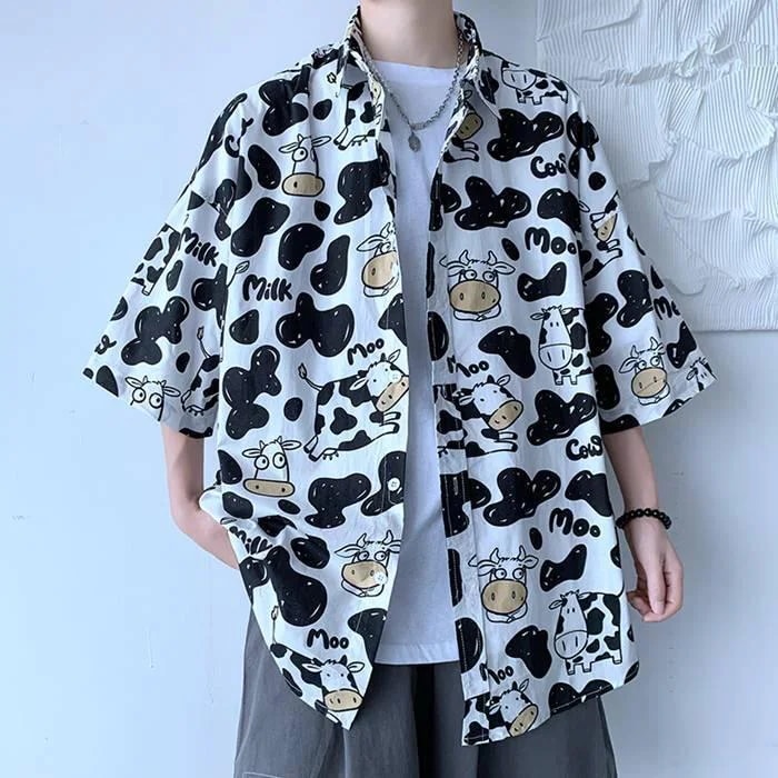 メンズファッション 通学 カジュアル オシャレ 夏 メンズシャツ 開襟シャツ 半袖シャツ トップス 牛柄 シャツ メンズ 】カジュアルシャツ 【新作セール】【即納