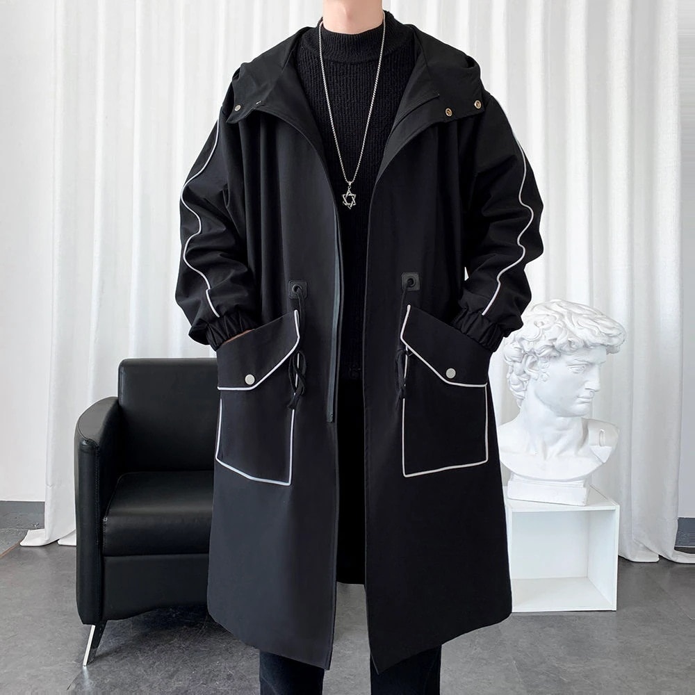 秋冬 ウィンドブレーカー 男性用 オーバーコート ロング丈 トレンチコート フード付き ロングコー
