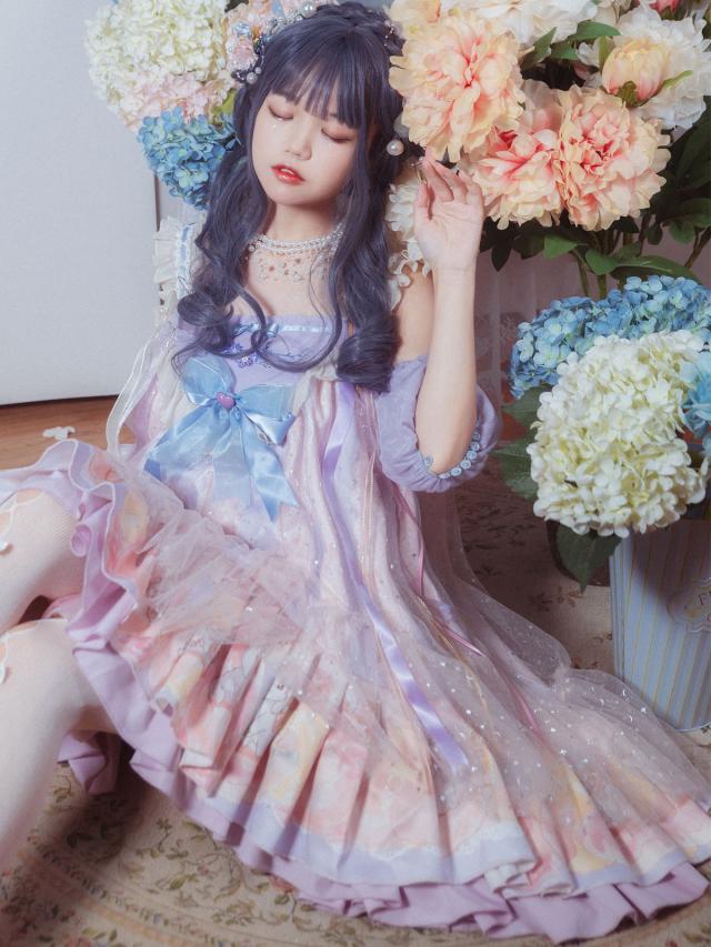 【全店任意2枚購入で100円OFF】甘いロリータJSKドレスポリエステルノースリーブレース弓甘いロリータジャンパースカート