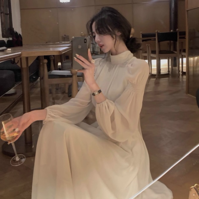 ワンピース ワンピドレス ロング ロング丈 袖あり 長袖 パフスリーブ ハイネック 襟なし セミフレア Aライン シフォン リボン ハイウエスト かわいい 大人可愛い きれいめ シンプル 大人 上品